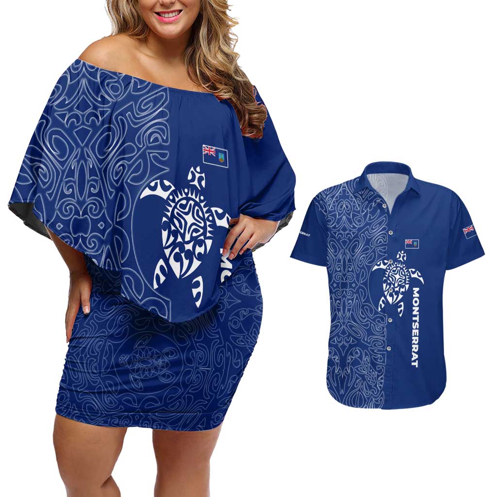 Montserrat Couples Matching Off Shoulder Short Dress and Hawaiian Shirt with Tribal Sea Turtle Illustration Blue Polynesian Pattern Design - Wonder Print Shop