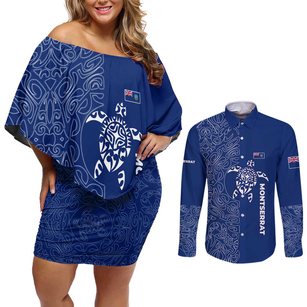 Montserrat Couples Matching Off Shoulder Short Dress and Long Sleeve Button Shirt with Tribal Sea Turtle Illustration Blue Polynesian Pattern Design - Wonder Print Shop