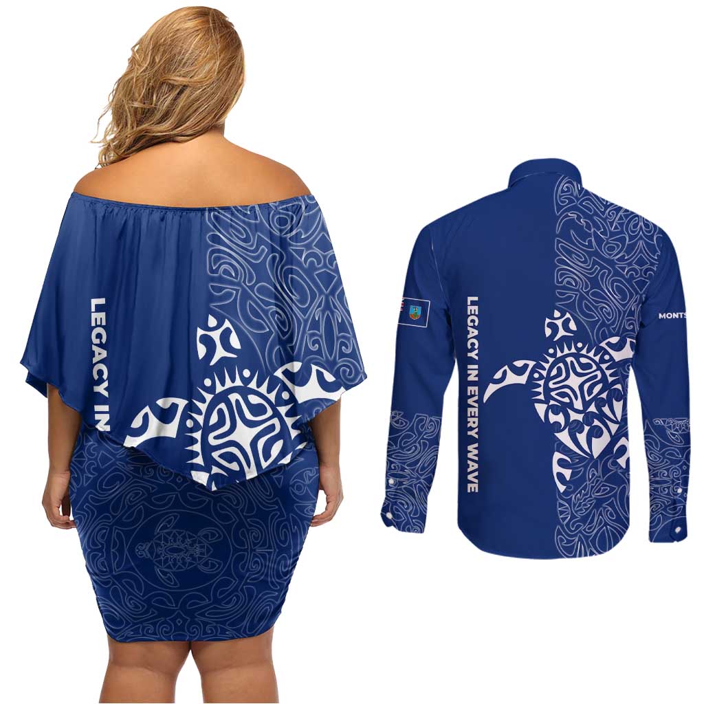 Montserrat Couples Matching Off Shoulder Short Dress and Long Sleeve Button Shirt with Tribal Sea Turtle Illustration Blue Polynesian Pattern Design - Wonder Print Shop