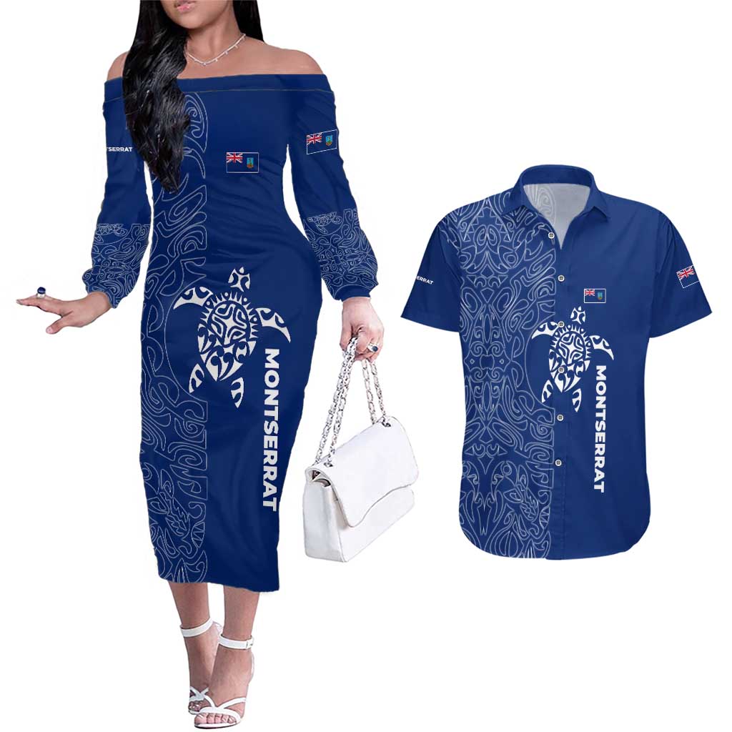 Montserrat Couples Matching Off The Shoulder Long Sleeve Dress and Hawaiian Shirt with Tribal Sea Turtle Illustration Blue Polynesian Pattern Design - Wonder Print Shop