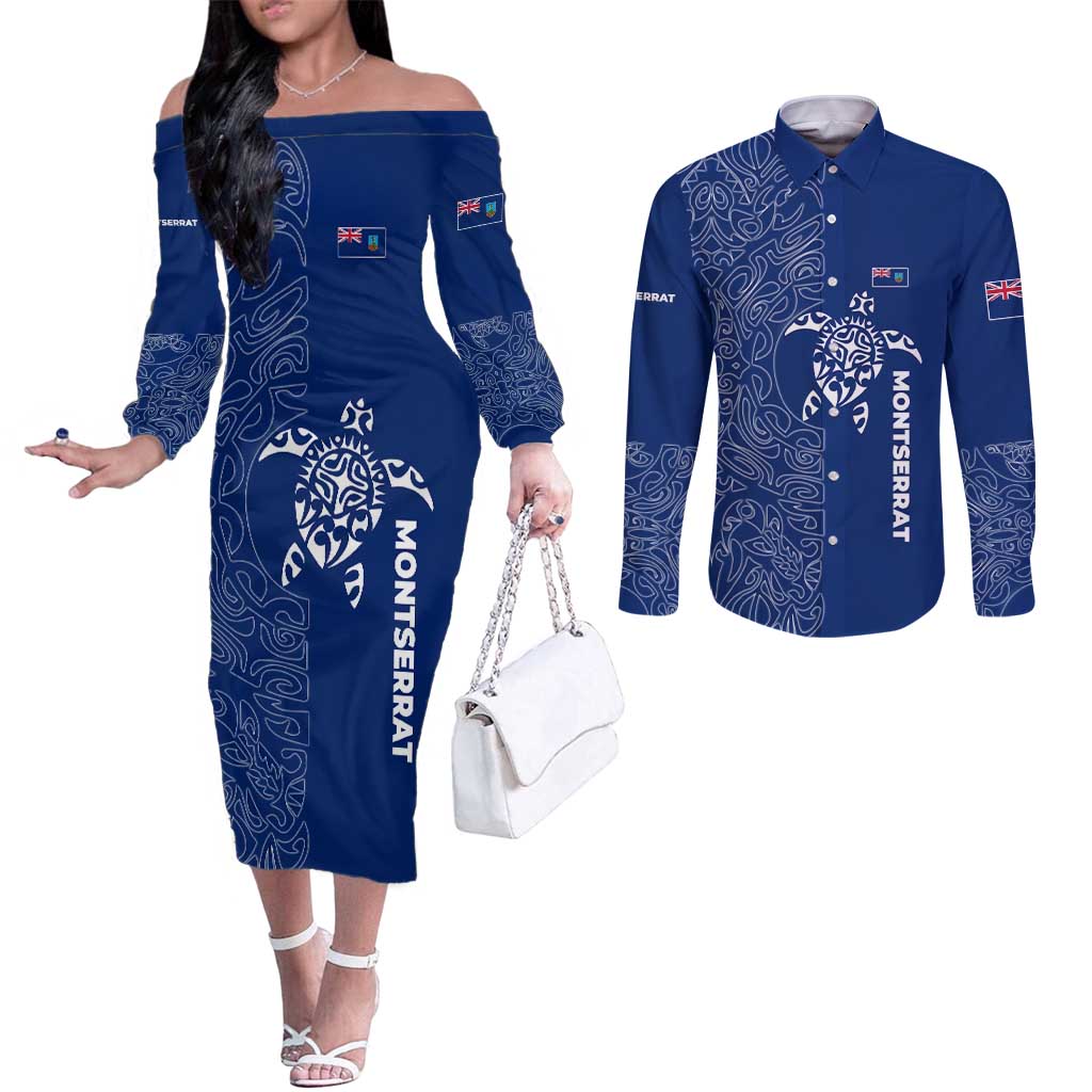 Montserrat Couples Matching Off The Shoulder Long Sleeve Dress and Long Sleeve Button Shirt with Tribal Sea Turtle Illustration Blue Polynesian Pattern Design - Wonder Print Shop