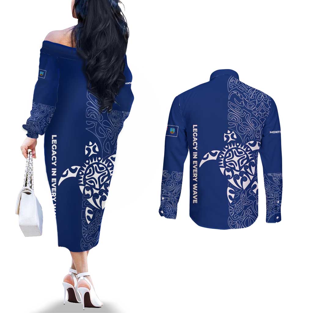 Montserrat Couples Matching Off The Shoulder Long Sleeve Dress and Long Sleeve Button Shirt with Tribal Sea Turtle Illustration Blue Polynesian Pattern Design - Wonder Print Shop