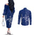 Montserrat Couples Matching Off The Shoulder Long Sleeve Dress and Long Sleeve Button Shirt with Tribal Sea Turtle Illustration Blue Polynesian Pattern Design - Wonder Print Shop