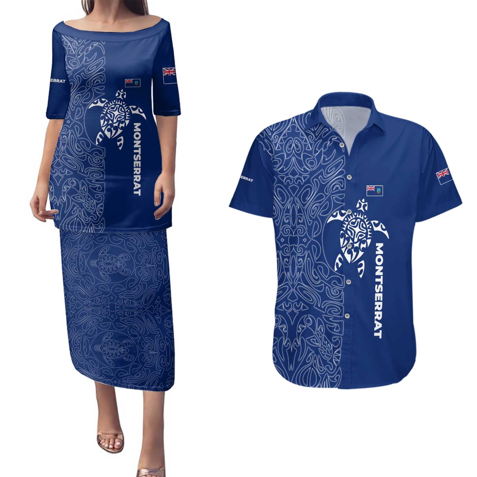 Montserrat Couples Matching Puletasi and Hawaiian Shirt with Tribal Sea Turtle Illustration Blue Polynesian Pattern Design - Wonder Print Shop