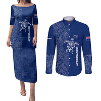 Montserrat Couples Matching Puletasi and Long Sleeve Button Shirt with Tribal Sea Turtle Illustration Blue Polynesian Pattern Design - Wonder Print Shop