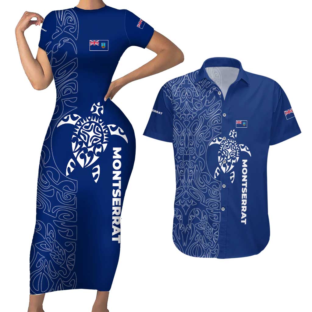 Montserrat Couples Matching Short Sleeve Bodycon Dress and Hawaiian Shirt with Tribal Sea Turtle Illustration Blue Polynesian Pattern Design - Wonder Print Shop