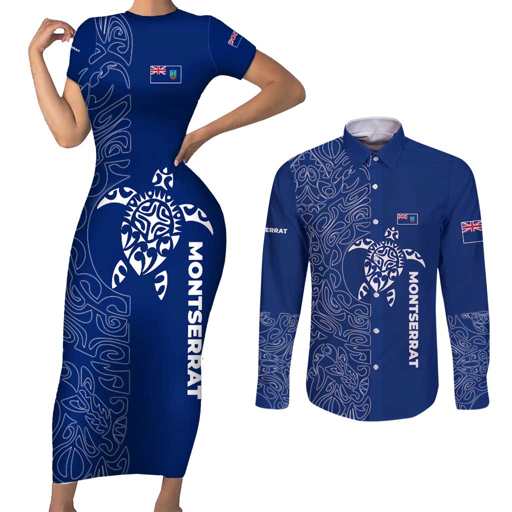 Montserrat Couples Matching Short Sleeve Bodycon Dress and Long Sleeve Button Shirt with Tribal Sea Turtle Illustration Blue Polynesian Pattern Design - Wonder Print Shop