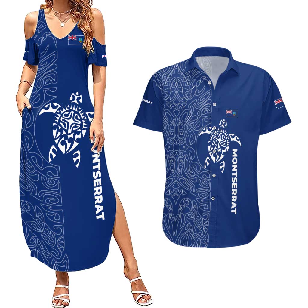 Montserrat Couples Matching Summer Maxi Dress and Hawaiian Shirt with Tribal Sea Turtle Illustration Blue Polynesian Pattern Design - Wonder Print Shop