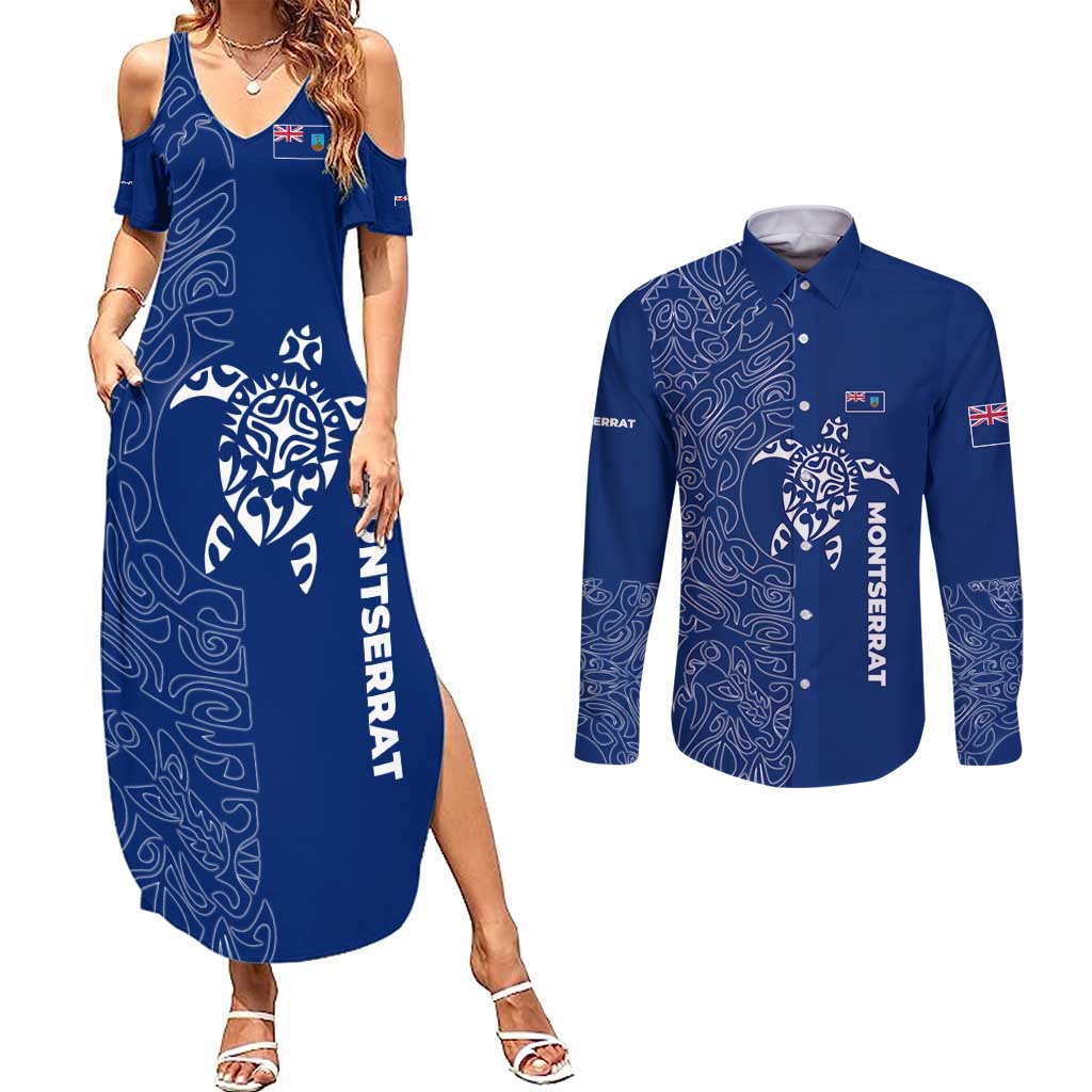 Montserrat Couples Matching Summer Maxi Dress and Long Sleeve Button Shirt with Tribal Sea Turtle Illustration Blue Polynesian Pattern Design - Wonder Print Shop