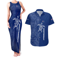 Montserrat Couples Matching Tank Maxi Dress and Hawaiian Shirt with Tribal Sea Turtle Illustration Blue Polynesian Pattern Design - Wonder Print Shop