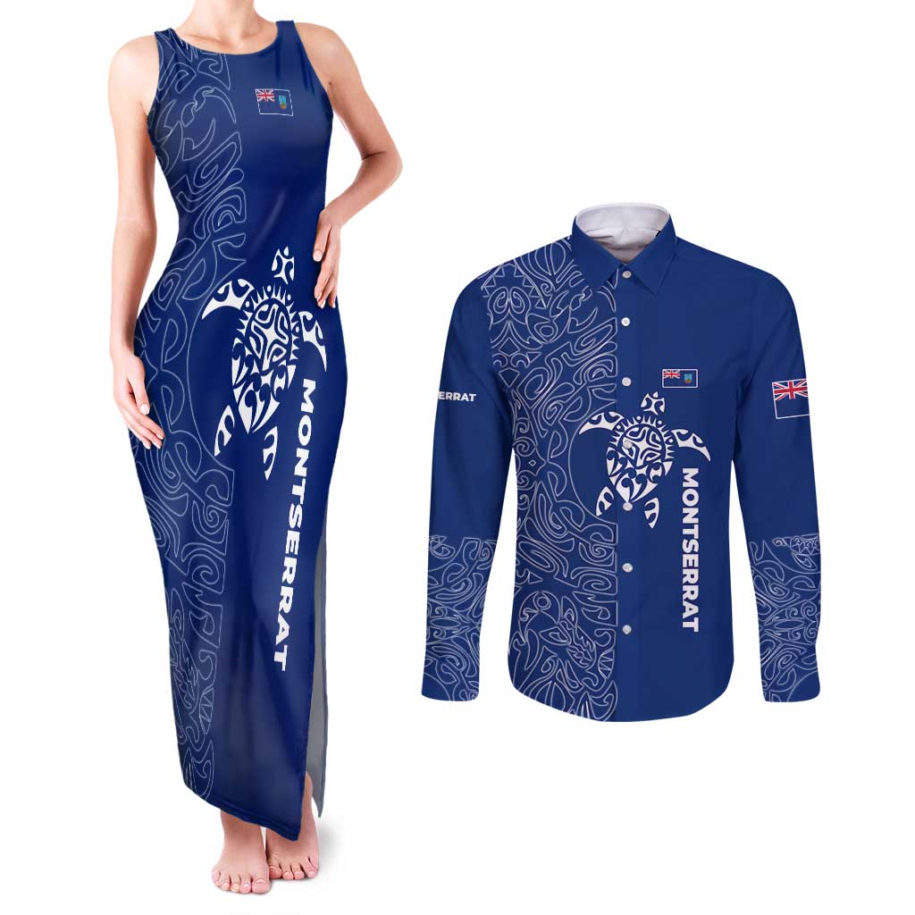 Montserrat Couples Matching Tank Maxi Dress and Long Sleeve Button Shirt with Tribal Sea Turtle Illustration Blue Polynesian Pattern Design - Wonder Print Shop