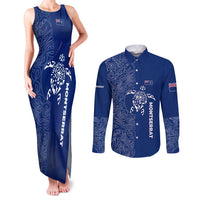 Montserrat Couples Matching Tank Maxi Dress and Long Sleeve Button Shirt with Tribal Sea Turtle Illustration Blue Polynesian Pattern Design - Wonder Print Shop