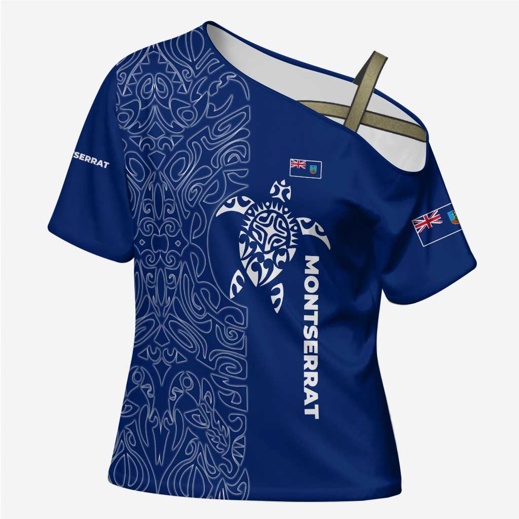 Montserrat Cross Shoulder Shirt with Tribal Sea Turtle Illustration Blue Polynesian Pattern Design - Wonder Print Shop