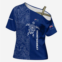 Montserrat Cross Shoulder Shirt with Tribal Sea Turtle Illustration Blue Polynesian Pattern Design - Wonder Print Shop