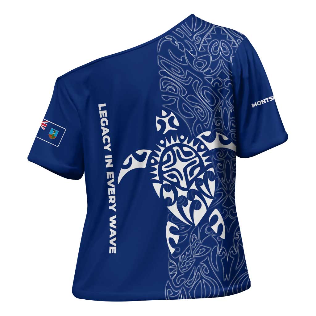 Montserrat Cross Shoulder Shirt with Tribal Sea Turtle Illustration Blue Polynesian Pattern Design - Wonder Print Shop