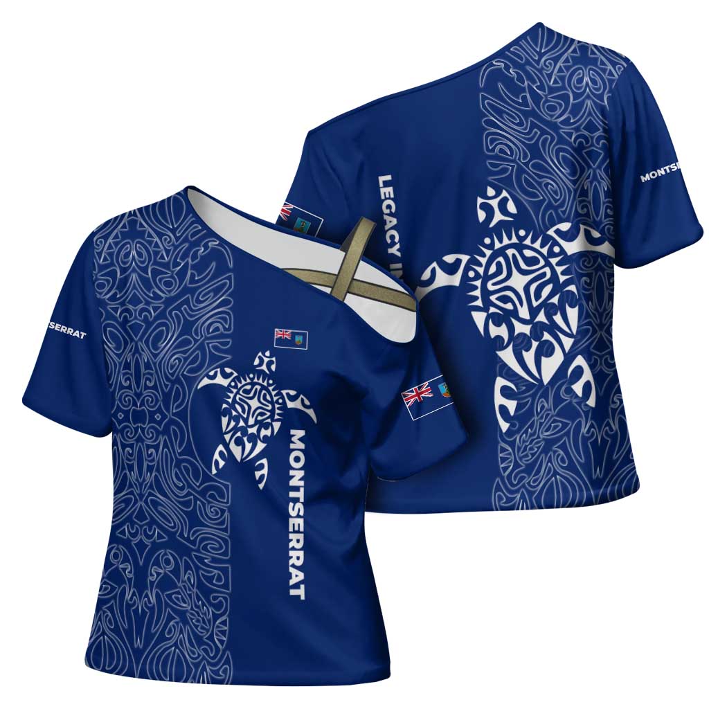 Montserrat Cross Shoulder Shirt with Tribal Sea Turtle Illustration Blue Polynesian Pattern Design - Wonder Print Shop
