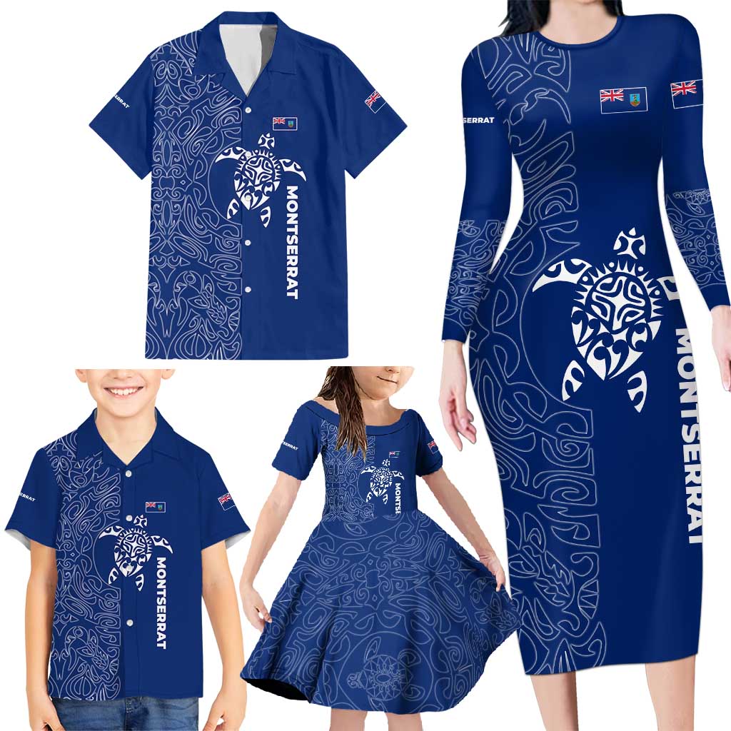 Montserrat Family Matching Long Sleeve Bodycon Dress and Hawaiian Shirt with Tribal Sea Turtle Illustration Blue Polynesian Pattern Design - Wonder Print Shop