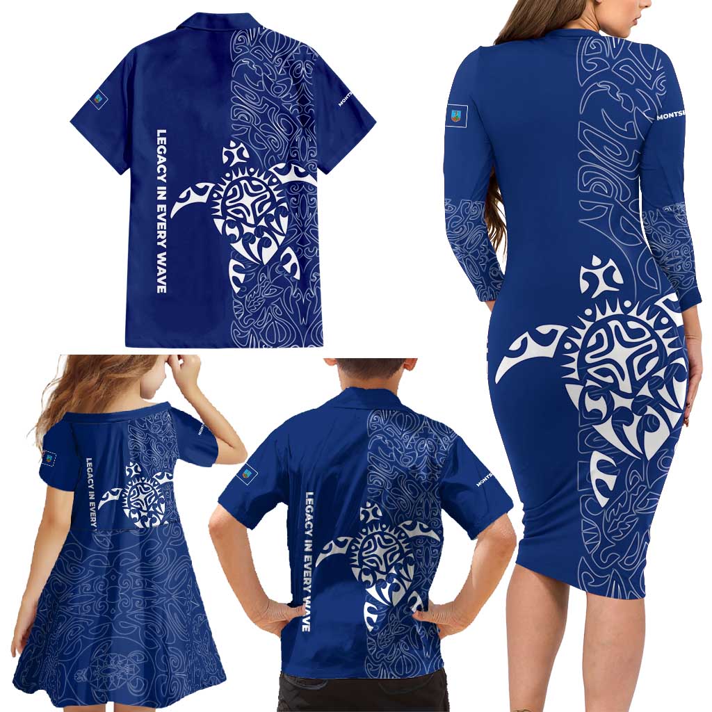 Montserrat Family Matching Long Sleeve Bodycon Dress and Hawaiian Shirt with Tribal Sea Turtle Illustration Blue Polynesian Pattern Design - Wonder Print Shop