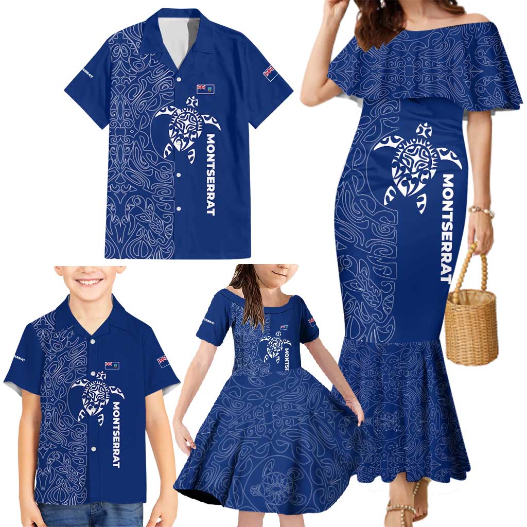 Montserrat Family Matching Mermaid Dress and Hawaiian Shirt with Tribal Sea Turtle Illustration Blue Polynesian Pattern Design - Wonder Print Shop