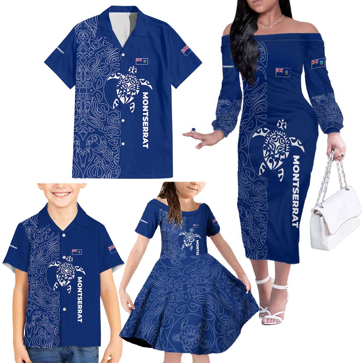 Montserrat Family Matching Off The Shoulder Long Sleeve Dress and Hawaiian Shirt with Tribal Sea Turtle Illustration Blue Polynesian Pattern Design - Wonder Print Shop