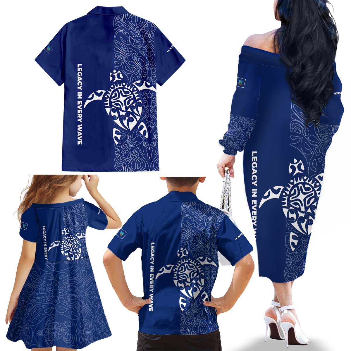 Montserrat Family Matching Off The Shoulder Long Sleeve Dress and Hawaiian Shirt with Tribal Sea Turtle Illustration Blue Polynesian Pattern Design - Wonder Print Shop
