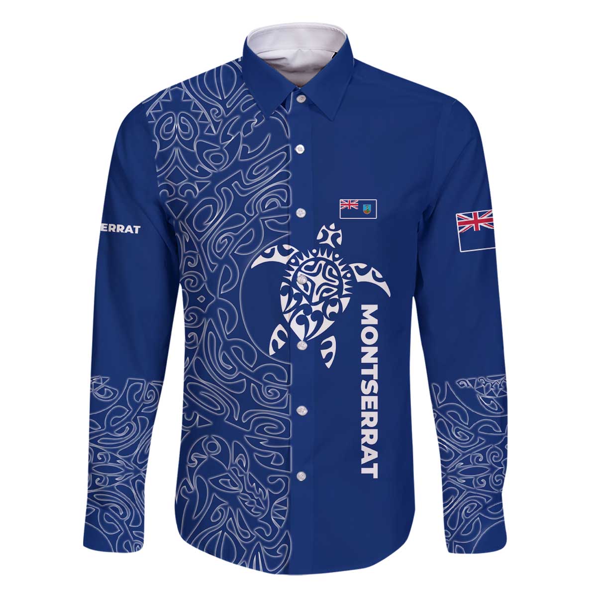Montserrat Family Matching Off The Shoulder Long Sleeve Dress and Hawaiian Shirt with Tribal Sea Turtle Illustration Blue Polynesian Pattern Design - Wonder Print Shop