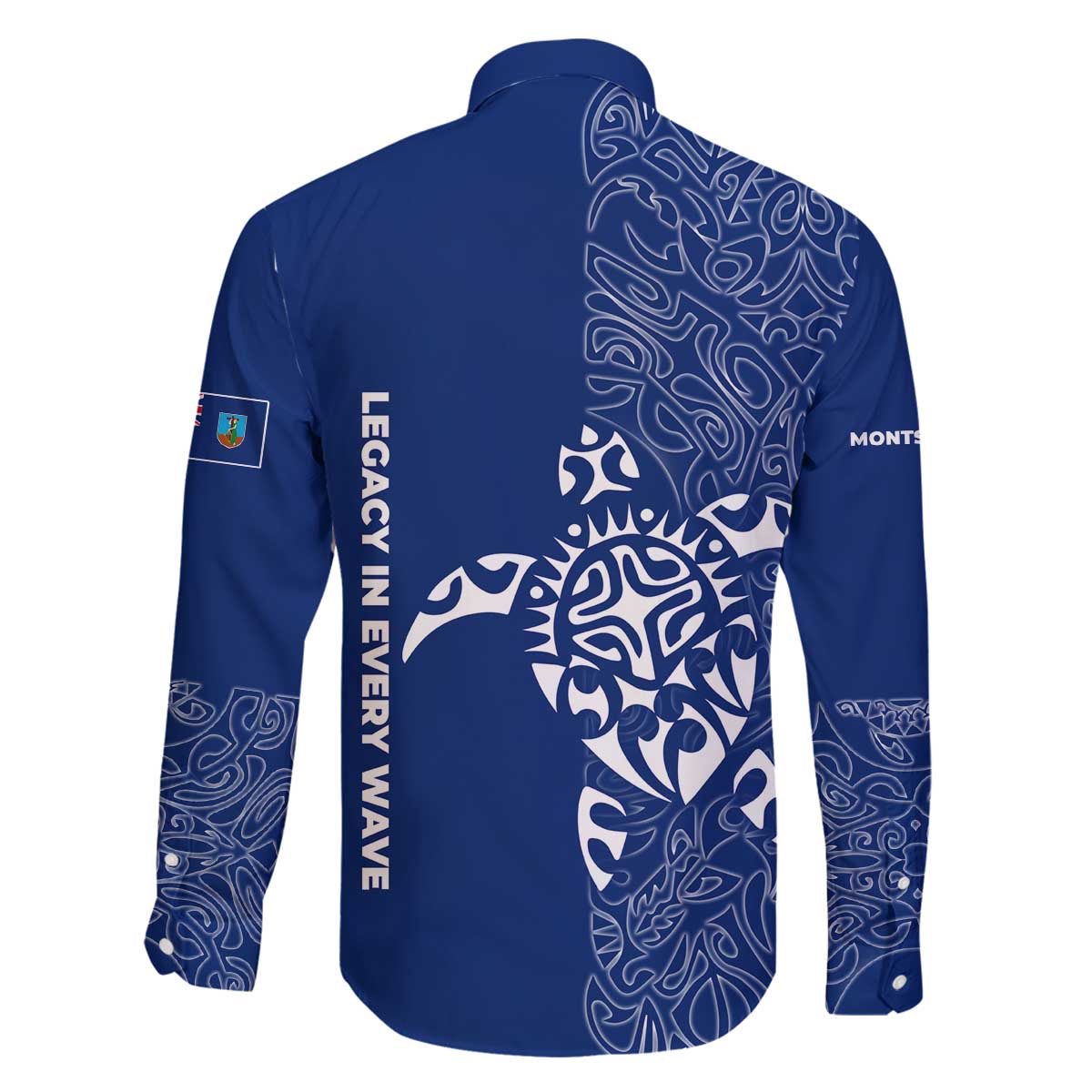 Montserrat Family Matching Off The Shoulder Long Sleeve Dress and Hawaiian Shirt with Tribal Sea Turtle Illustration Blue Polynesian Pattern Design - Wonder Print Shop