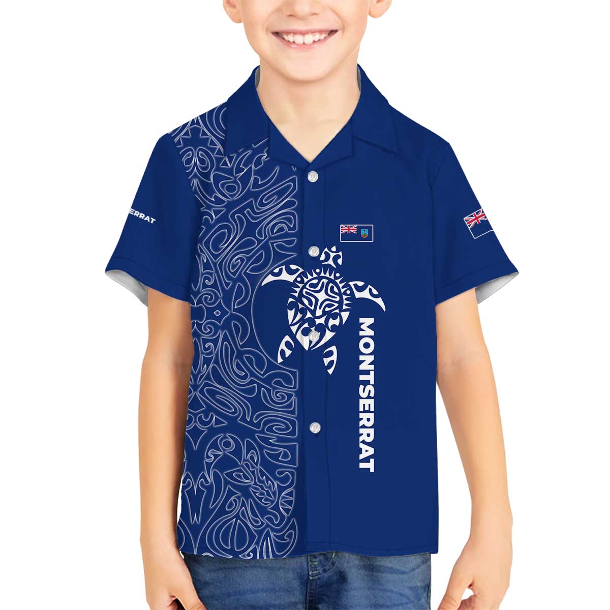 Montserrat Family Matching Off The Shoulder Long Sleeve Dress and Hawaiian Shirt with Tribal Sea Turtle Illustration Blue Polynesian Pattern Design - Wonder Print Shop