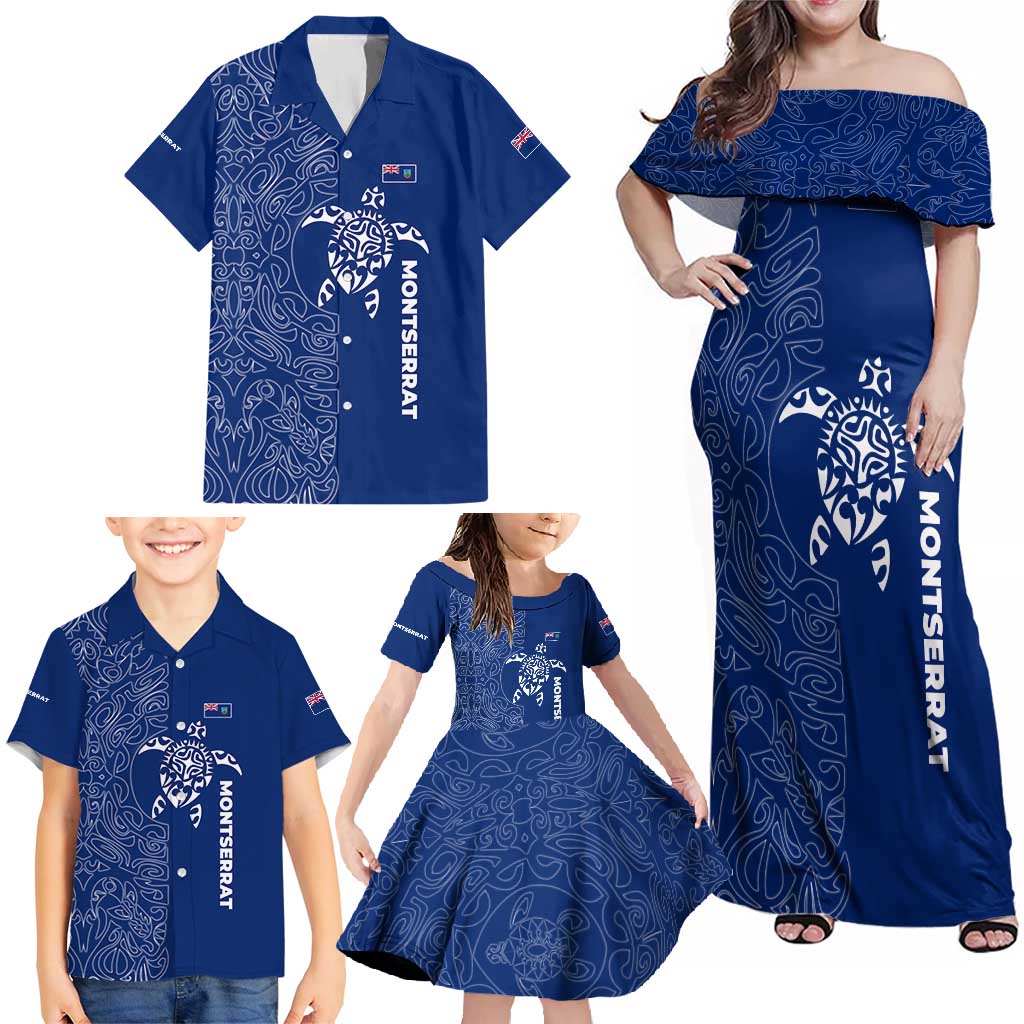 Montserrat Family Matching Off Shoulder Maxi Dress and Hawaiian Shirt with Tribal Sea Turtle Illustration Blue Polynesian Pattern Design - Wonder Print Shop