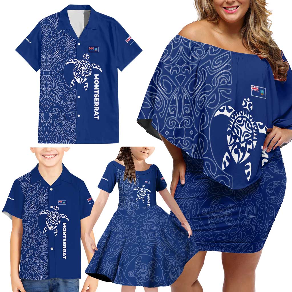 Montserrat Family Matching Off Shoulder Short Dress and Hawaiian Shirt with Tribal Sea Turtle Illustration Blue Polynesian Pattern Design - Wonder Print Shop