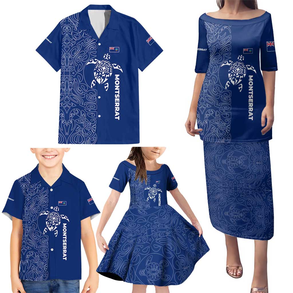 Montserrat Family Matching Puletasi and Hawaiian Shirt with Tribal Sea Turtle Illustration Blue Polynesian Pattern Design - Wonder Print Shop