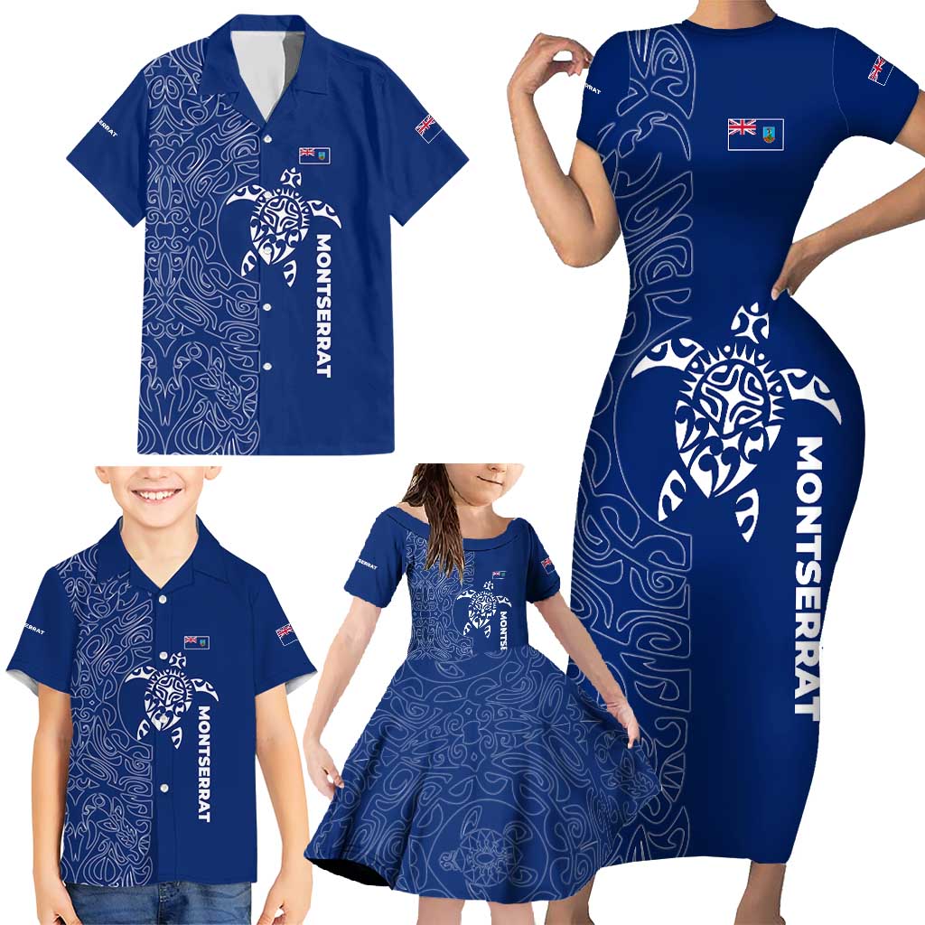 Montserrat Family Matching Short Sleeve Bodycon Dress and Hawaiian Shirt with Tribal Sea Turtle Illustration Blue Polynesian Pattern Design - Wonder Print Shop