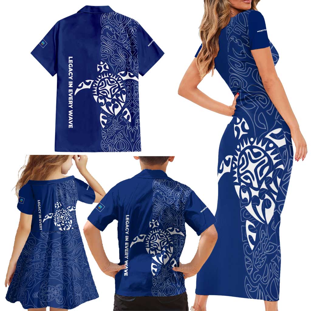 Montserrat Family Matching Short Sleeve Bodycon Dress and Hawaiian Shirt with Tribal Sea Turtle Illustration Blue Polynesian Pattern Design - Wonder Print Shop