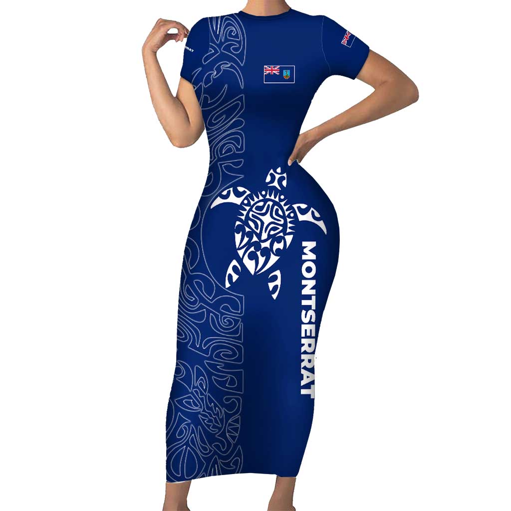 Montserrat Family Matching Short Sleeve Bodycon Dress and Hawaiian Shirt with Tribal Sea Turtle Illustration Blue Polynesian Pattern Design - Wonder Print Shop