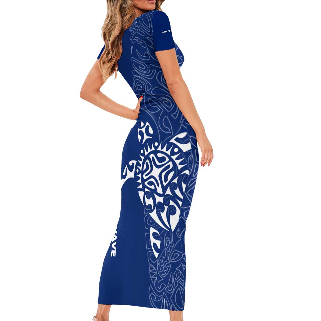 Montserrat Family Matching Short Sleeve Bodycon Dress and Hawaiian Shirt with Tribal Sea Turtle Illustration Blue Polynesian Pattern Design - Wonder Print Shop
