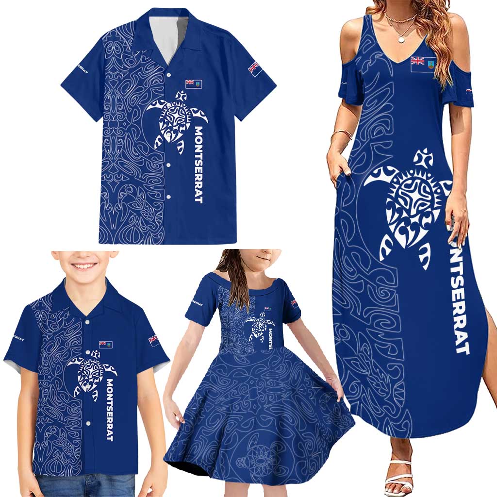 Montserrat Family Matching Summer Maxi Dress and Hawaiian Shirt with Tribal Sea Turtle Illustration Blue Polynesian Pattern Design - Wonder Print Shop