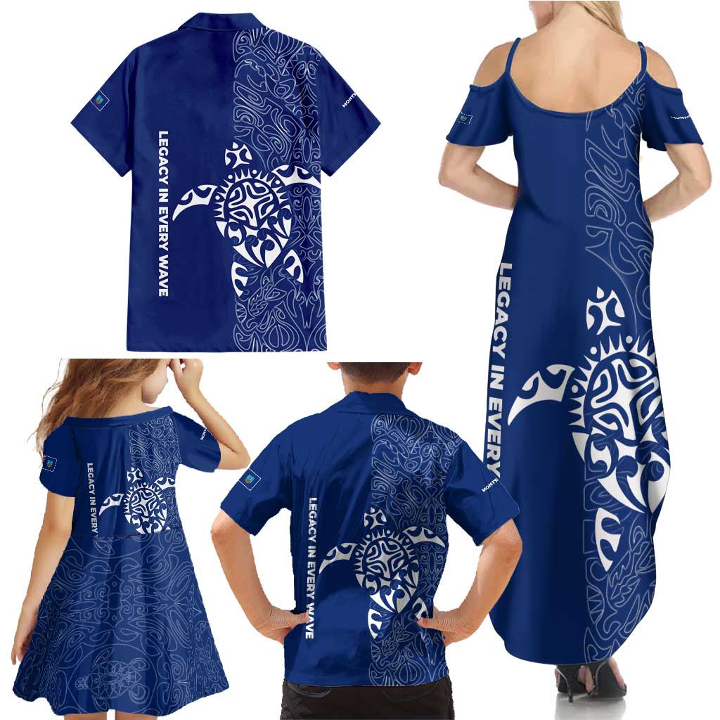 Montserrat Family Matching Summer Maxi Dress and Hawaiian Shirt with Tribal Sea Turtle Illustration Blue Polynesian Pattern Design - Wonder Print Shop