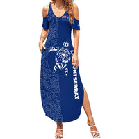 Montserrat Family Matching Summer Maxi Dress and Hawaiian Shirt with Tribal Sea Turtle Illustration Blue Polynesian Pattern Design - Wonder Print Shop