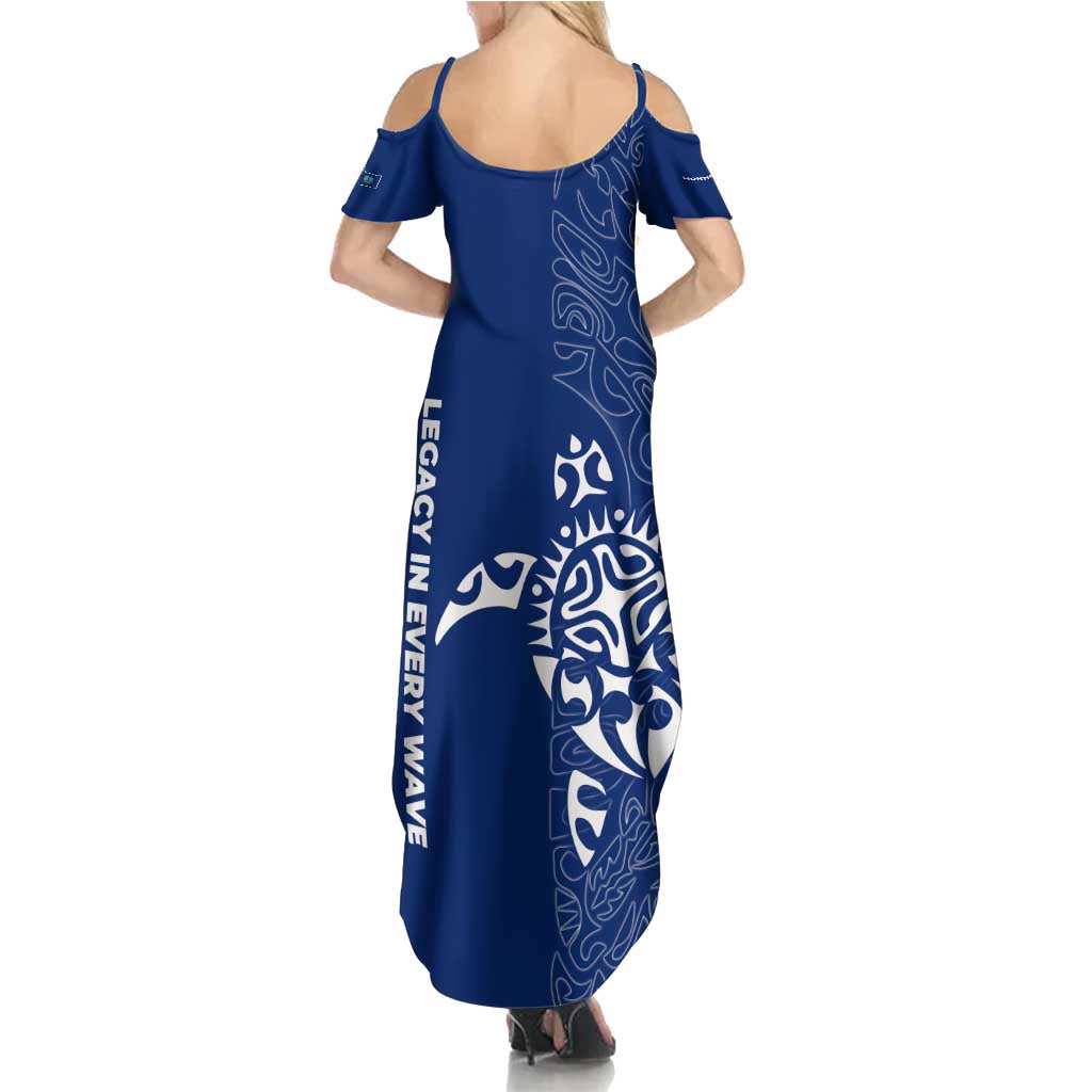 Montserrat Family Matching Summer Maxi Dress and Hawaiian Shirt with Tribal Sea Turtle Illustration Blue Polynesian Pattern Design - Wonder Print Shop