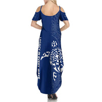 Montserrat Family Matching Summer Maxi Dress and Hawaiian Shirt with Tribal Sea Turtle Illustration Blue Polynesian Pattern Design - Wonder Print Shop