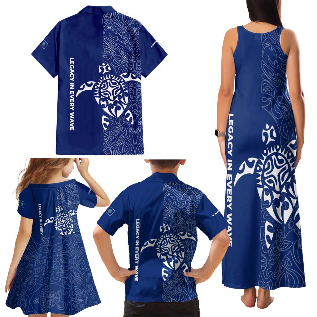 Montserrat Family Matching Tank Maxi Dress and Hawaiian Shirt with Tribal Sea Turtle Illustration Blue Polynesian Pattern Design - Wonder Print Shop