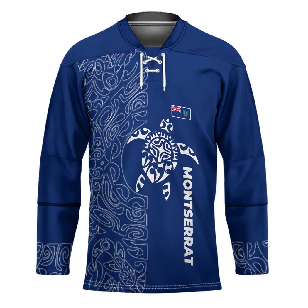 Montserrat Hockey Jersey with Tribal Sea Turtle Illustration Blue Polynesian Pattern Design - Wonder Print Shop