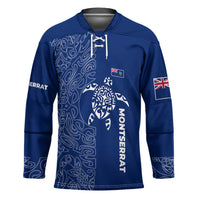 Montserrat Hockey Jersey with Tribal Sea Turtle Illustration Blue Polynesian Pattern Design - Wonder Print Shop