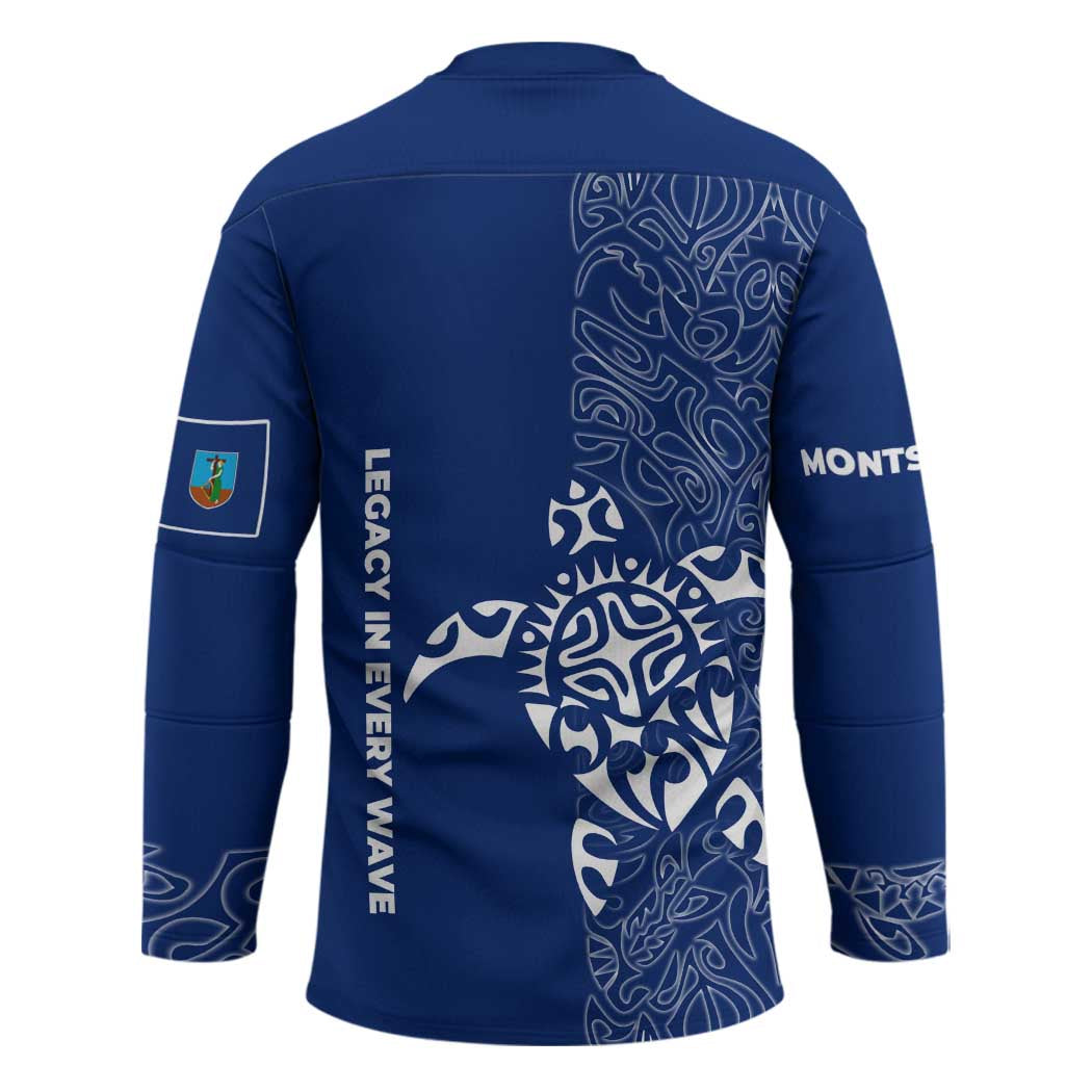Montserrat Hockey Jersey with Tribal Sea Turtle Illustration Blue Polynesian Pattern Design - Wonder Print Shop