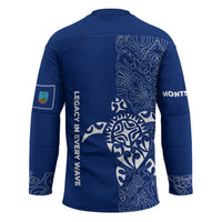Montserrat Hockey Jersey with Tribal Sea Turtle Illustration Blue Polynesian Pattern Design - Wonder Print Shop