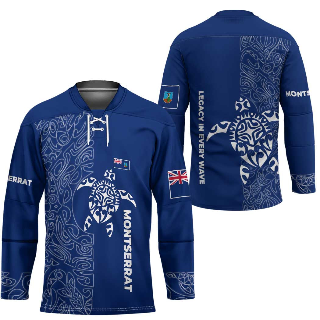 Montserrat Hockey Jersey with Tribal Sea Turtle Illustration Blue Polynesian Pattern Design - Wonder Print Shop
