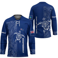 Montserrat Hockey Jersey with Tribal Sea Turtle Illustration Blue Polynesian Pattern Design - Wonder Print Shop