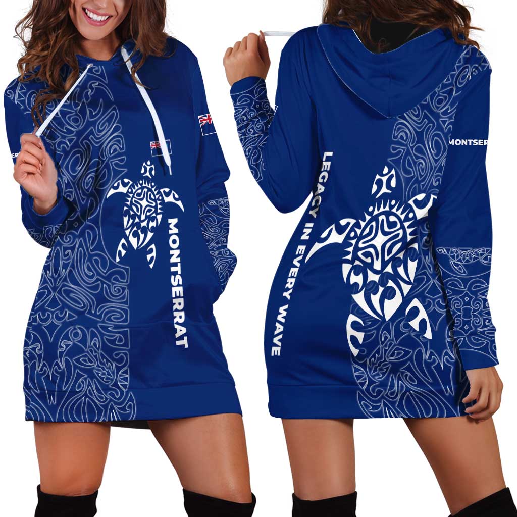 Montserrat Hoodie Dress with Tribal Sea Turtle Illustration Blue Polynesian Pattern Design - Wonder Print Shop