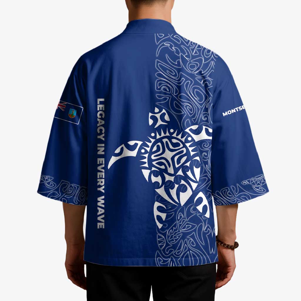 Montserrat Kimono with Tribal Sea Turtle Illustration Blue Polynesian Pattern Design - Wonder Print Shop