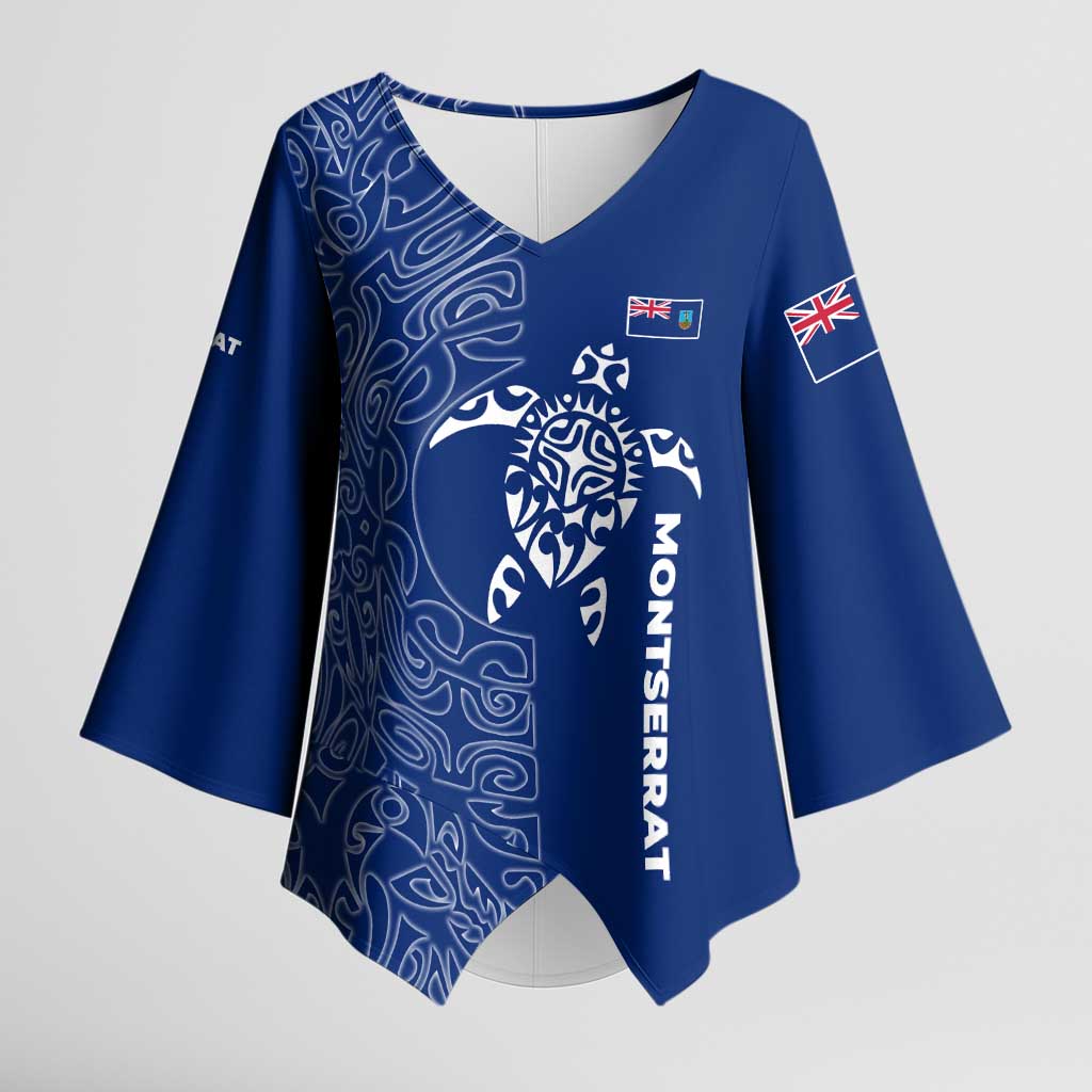 Montserrat Kimono Sleeve Blouse with Tribal Sea Turtle Illustration Blue Polynesian Pattern Design - Wonder Print Shop